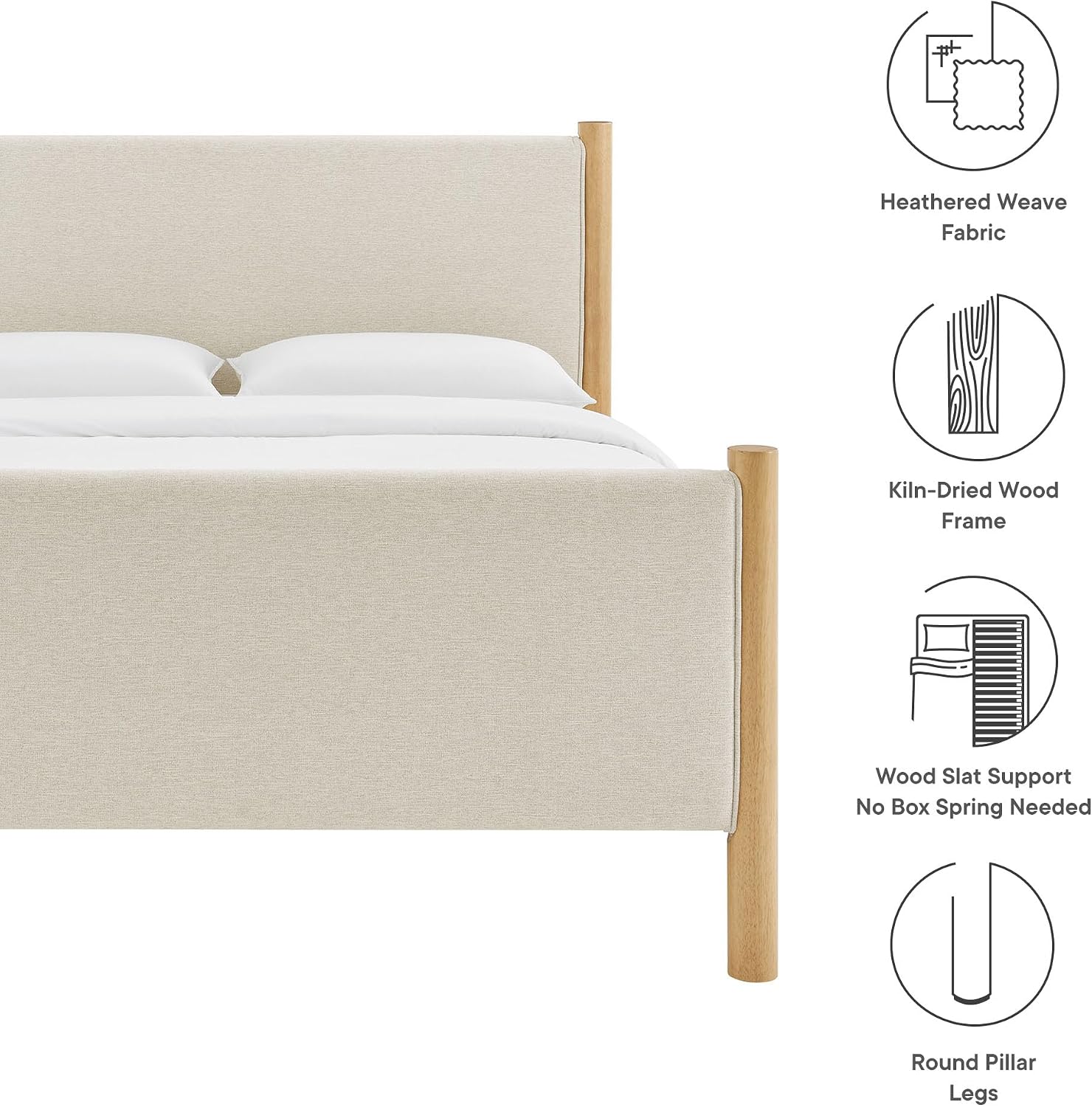 Modway Maven King Size Bed Frame in Ivory Oak with Upholstered Fabric Headboard and Footboard – Wood King Platform Bed Frame – No Box Spring Needed