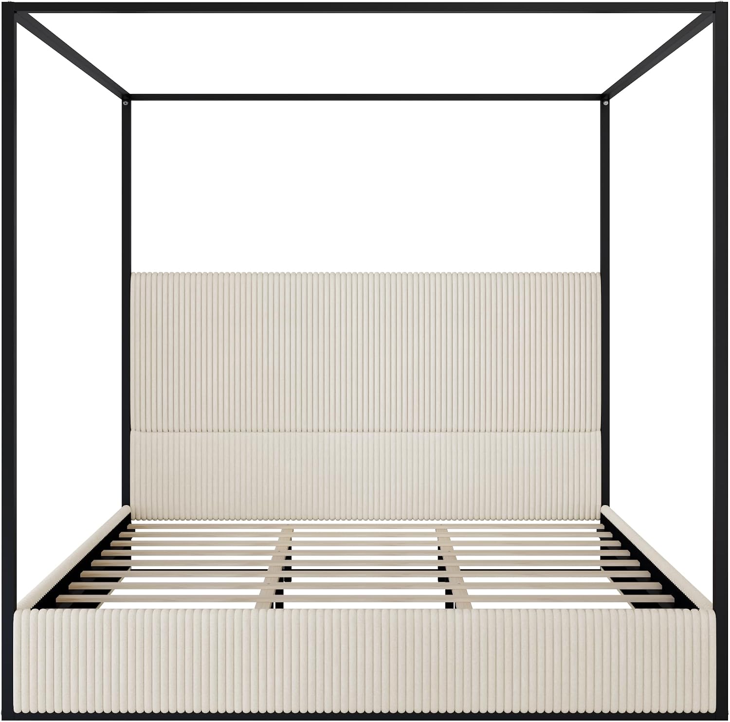 King Size Canopy Bed with Tall Upholstered Channel Headboard, Metal 4 Poster Upholstered Bed, No Box Spring Needed (Black+Cream, King//)