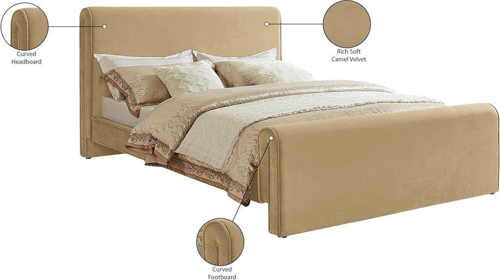 Meridian Furniture SloanCamel-K Sloan Collection Modern | Contemporary Velvet Upholstered King Bed with Rich Soft Camel Velvet, Curved Headboard and Footboard, 81' W x 92' D x 45' H, Camel, King
