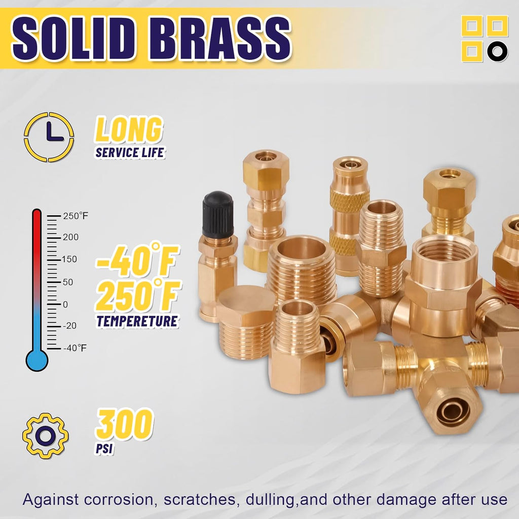 200 Pcs Brass DOT Air Brake Line Fittings & Air Nylon Tube Compression Fittings Assortment Kits,1/4' 1/8' 3/8' 1/2' NPT Push To Connect Fittings Quick Connect Air Hose Fittings