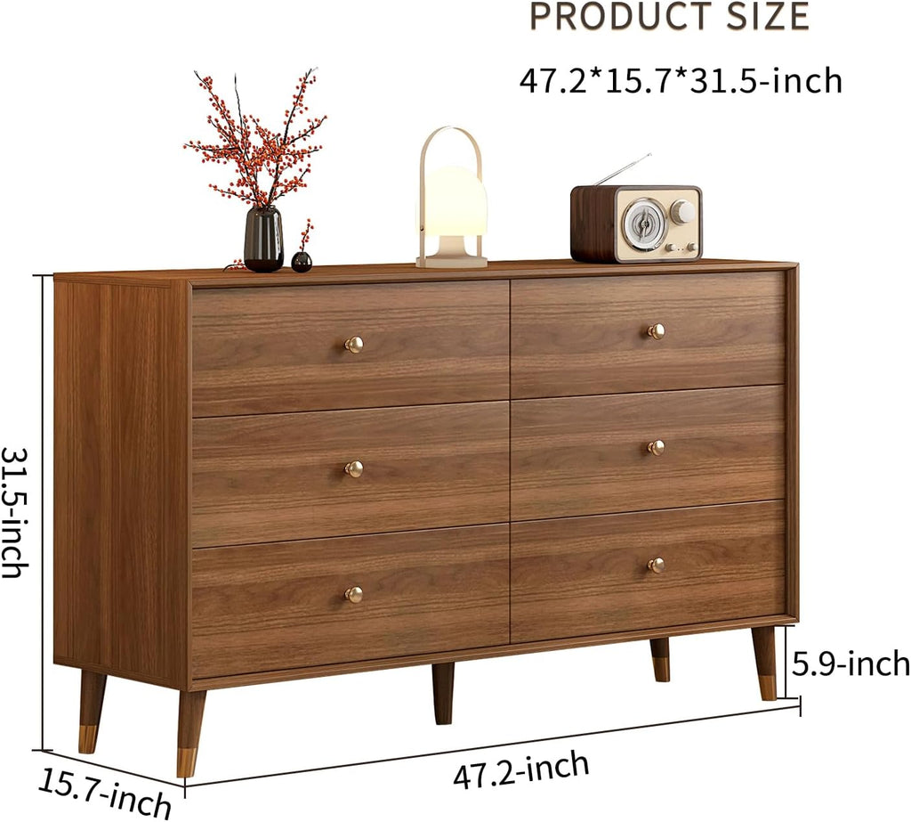 Messenya 6 Drawer Dresser for Bedroom, 47 Inch Walnut Dresser for Closet, Mid Century Wood Chest of Drawers with Natural Texture & Pre-Embedded Slots for TV Stand, Living Room, Hallway, Office