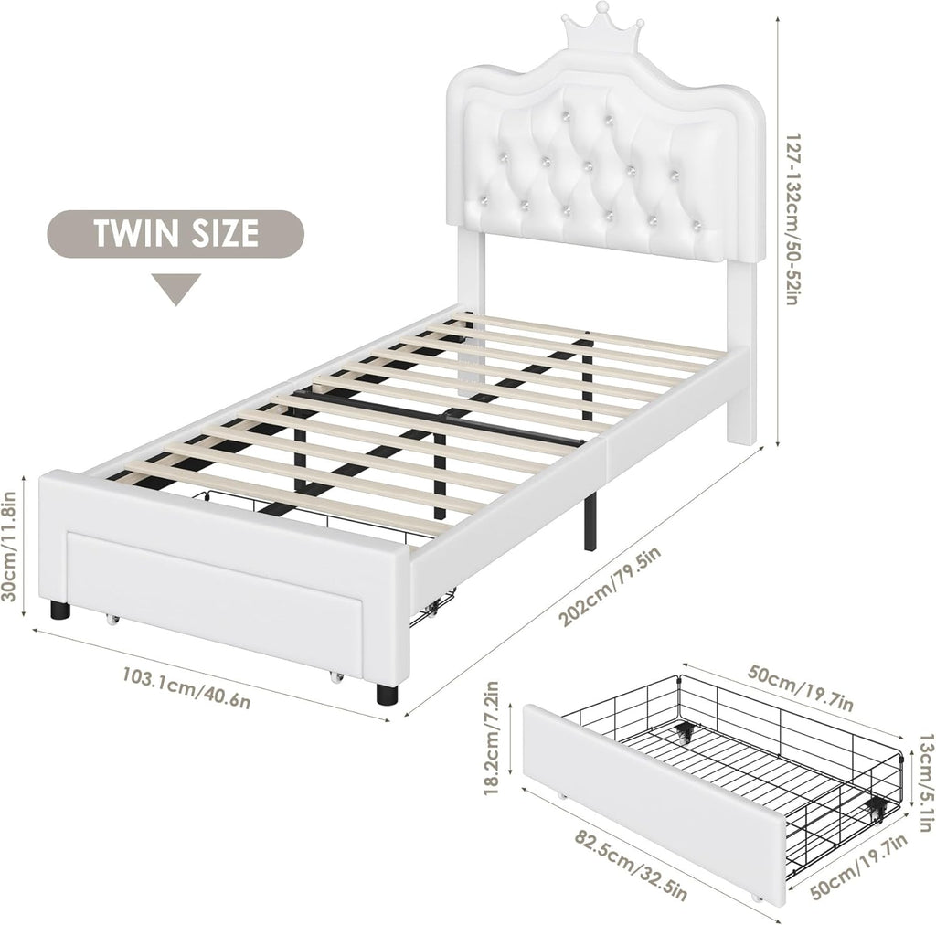 Keyluv Twin Upholstered LED Bed Frame with Storage Drawer, Leather Princess Platform Bed with Adjustable Crystal Button Tufted Crown Headboard, Solid Wooden Slats Support, No Box Spring Needed, White