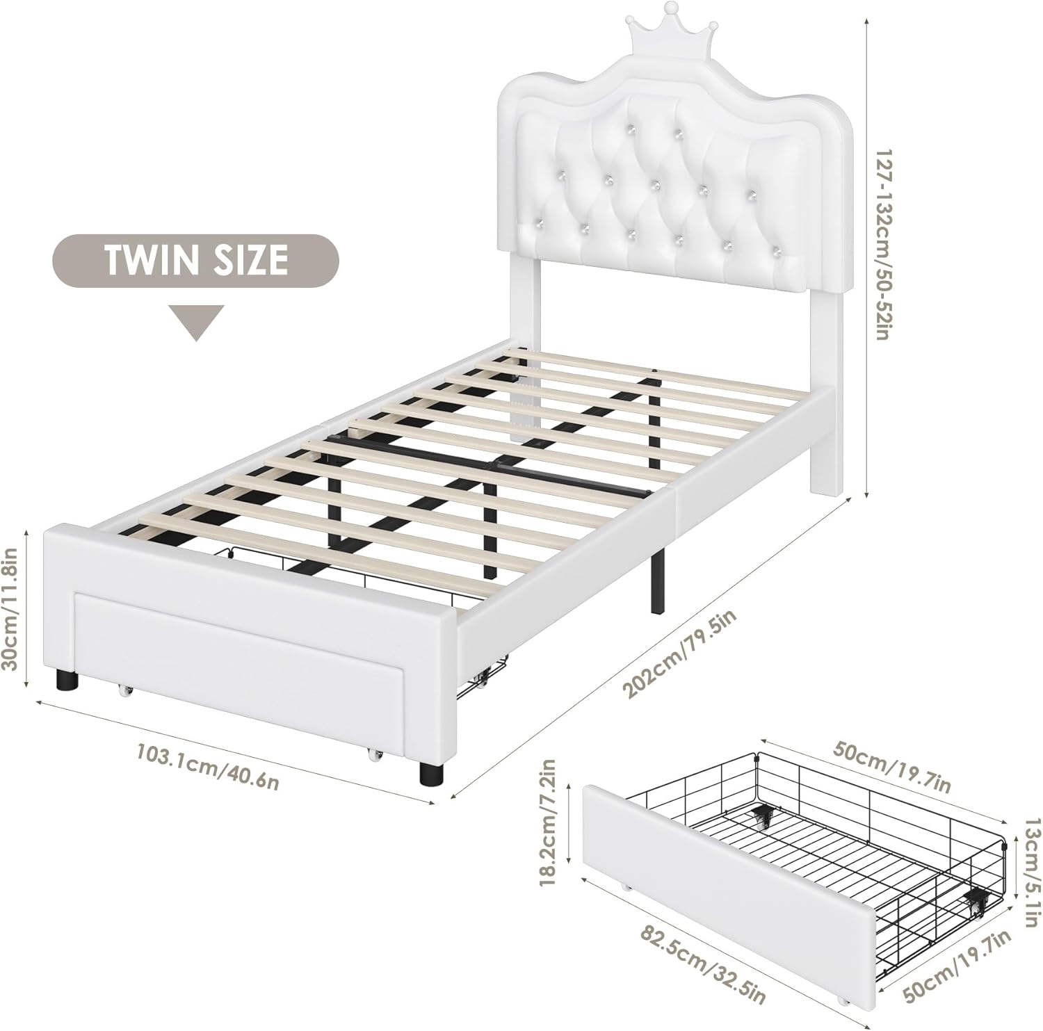 Keyluv Twin Upholstered LED Bed Frame with Storage Drawer, Leather Princess Platform Bed with Adjustable Crystal Button Tufted Crown Headboard, Solid Wooden Slats Support, No Box Spring Needed, White