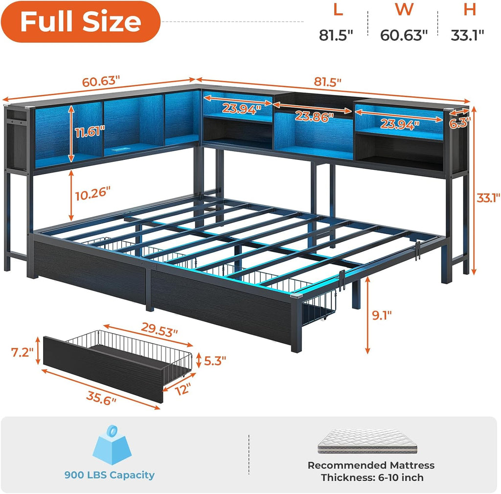 DICTAC Full Corner Bed Frame with Bookcase Storage and Led Lights Metal Platform Bed Frame with 2 Drawers and Charging Station Full Size Daybed with Storage for Living Room,Bedroom,Guest,Black