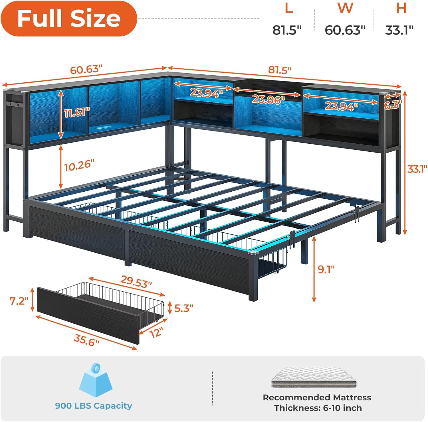 DICTAC Full Corner Bed Frame with Bookcase Storage and Led Lights Metal Platform Bed Frame with 2 Drawers and Charging Station Full Size Daybed with Storage for Living Room,Bedroom,Guest,Black
