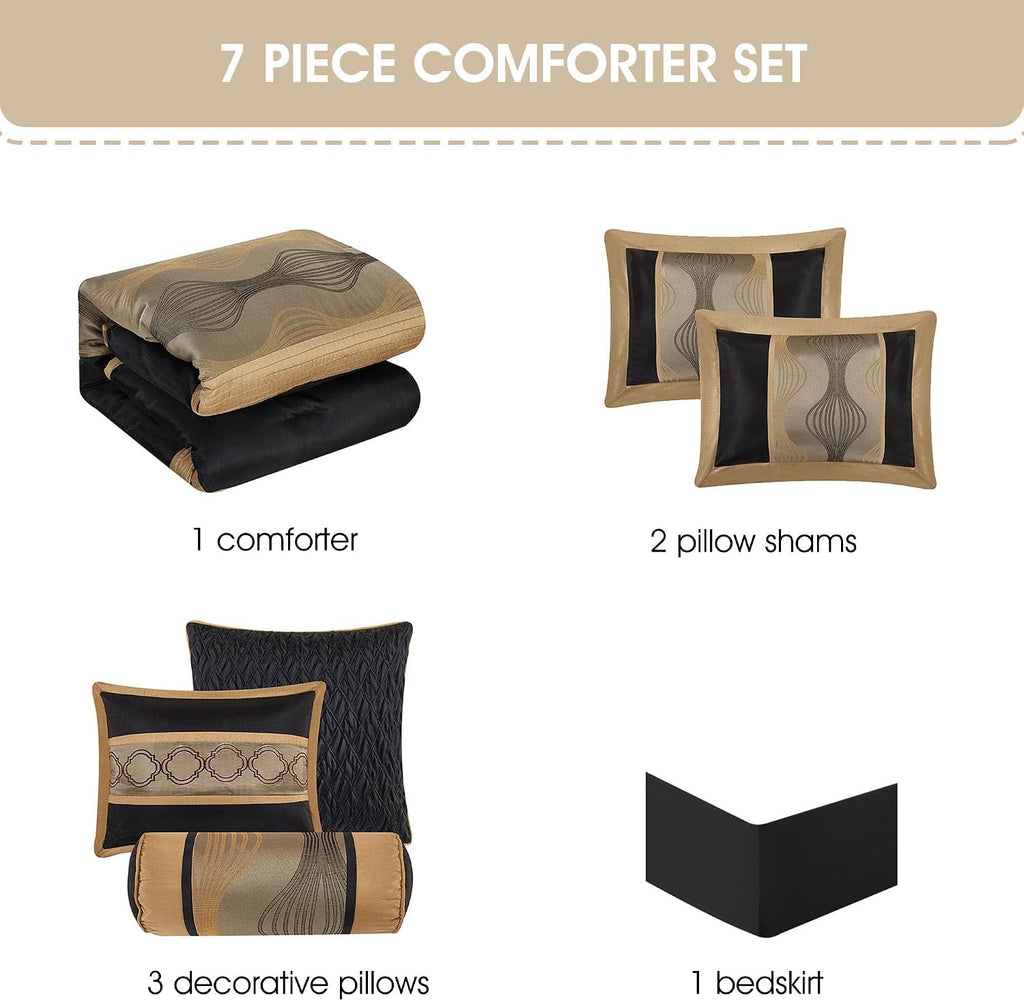 Grand Avenue Elegant Black and Gold Comforter Set, Striped, 7 Pieces Jacquard Bedding Sets with Comforter, Bed Skirt, Pillows & Shams, California King Size All Season, Lightweight Microfiber