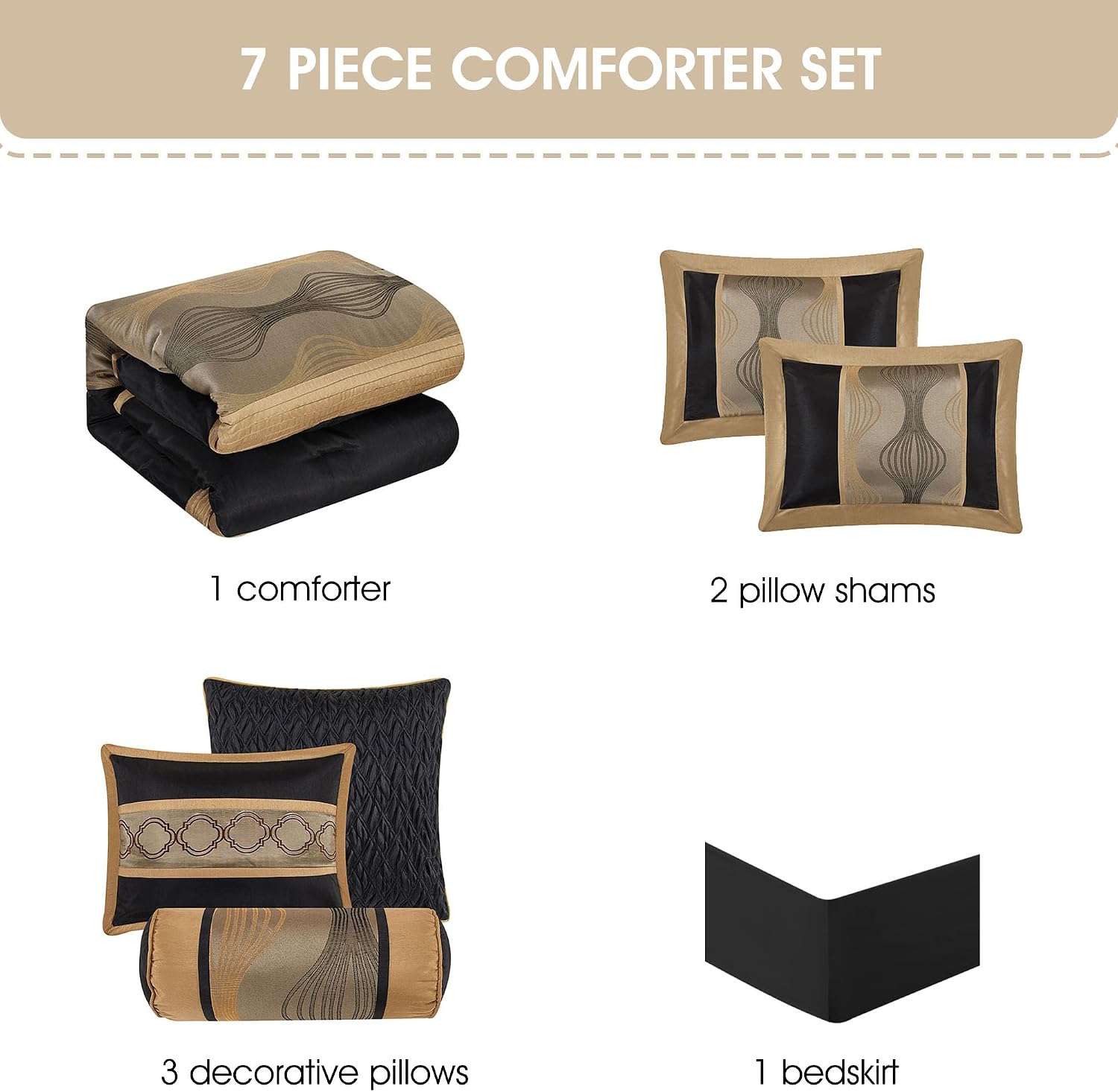 Grand Avenue Elegant Black and Gold Comforter Set, Striped, 7 Pieces Jacquard Bedding Sets with Comforter, Bed Skirt, Pillows & Shams, California King Size All Season, Lightweight Microfiber