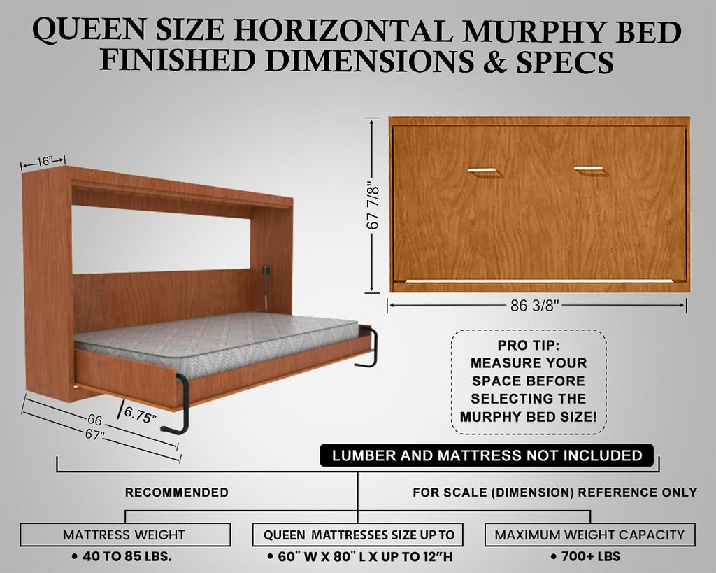 Queen Horizontal Murphy Bed Hardware Kit – DIY Wall Bed for Guest Rooms & Home Offices – Easy-to-Build Space Saving Hideaway Bed Mechanism with Gas Pistons – Made in USA