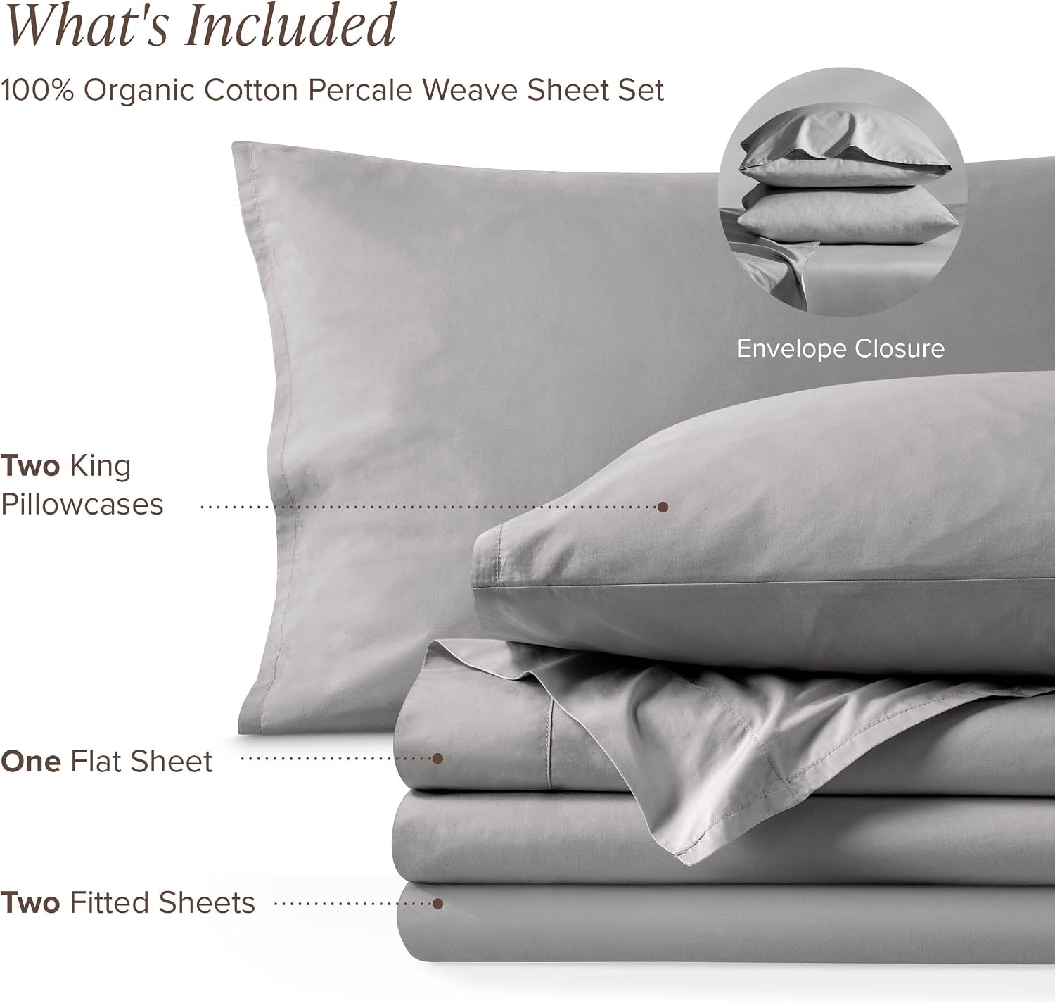 Bare Home 100% Organic Cotton Split King Sheet Set - Crisp Percale Weave - Lightweight & Breathable - Bedding Sheets & Pillowcases (Split King, Light Grey)