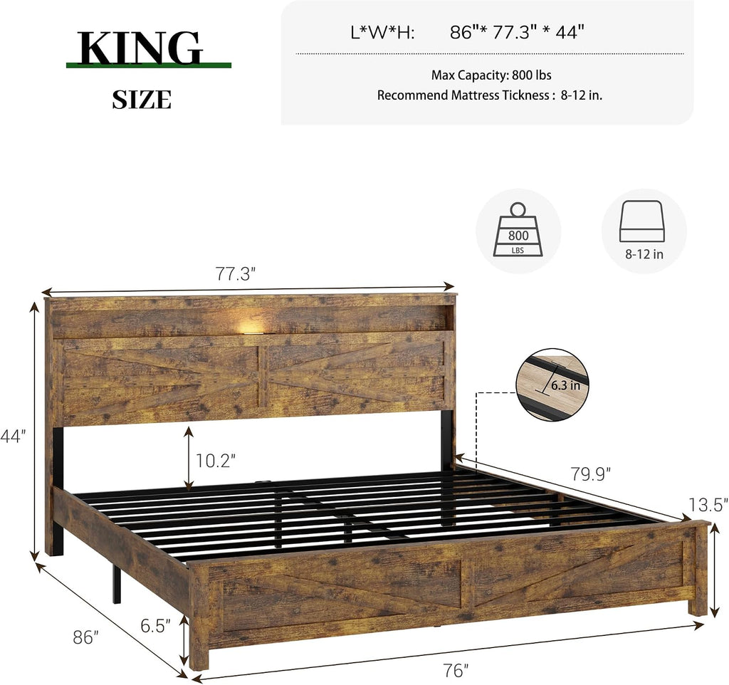 King Size Bed Frame with Headboard, Rustic Farmhouse Wood Bed Frame with LED Lights and Charging Station, Easy Assembly, No Box Spring Needed (Brown, King)