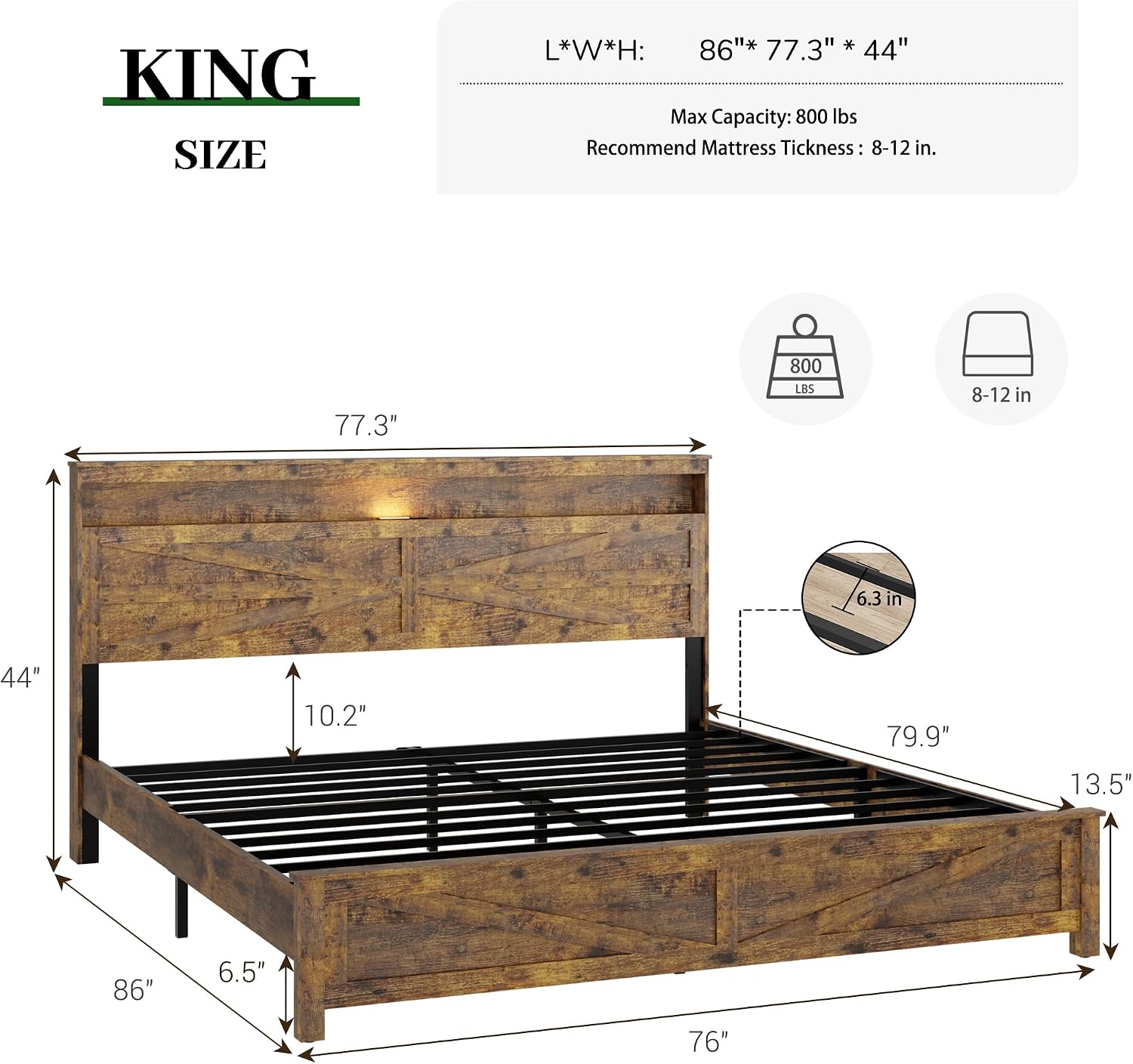 King Size Bed Frame with Headboard, Rustic Farmhouse Wood Bed Frame with LED Lights and Charging Station, Easy Assembly, No Box Spring Needed (Brown, King)