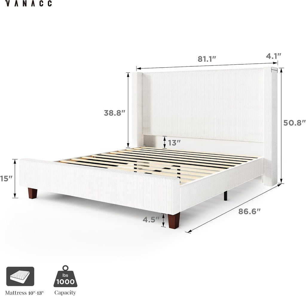 VanAcc King Size Platform Bed Frame, 50.8' Corduroy Upholstered Bed with Vertical Channel Tufted Headboard/Wooden Slats/Wingback/No Box Spring Required/White