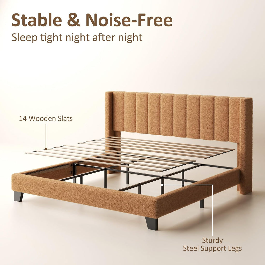 Kingg Size Bed Frame with Headboard Upholstered Platform Bed Frame with Teddy Velvet Headboard, Wooden Slats Support/Wing Edge Design/No Box Spring Needed/Easy Assembly, Brown