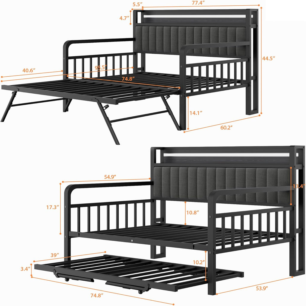 Daybed with Trundle and LED Light, Heavy Duty Metal Full Bed Frame with Upholstered Storage Headboard & Charging Station, Day Bed Pop Up Trundle Bed for Living Room,Bedroom and Guest Room, Black