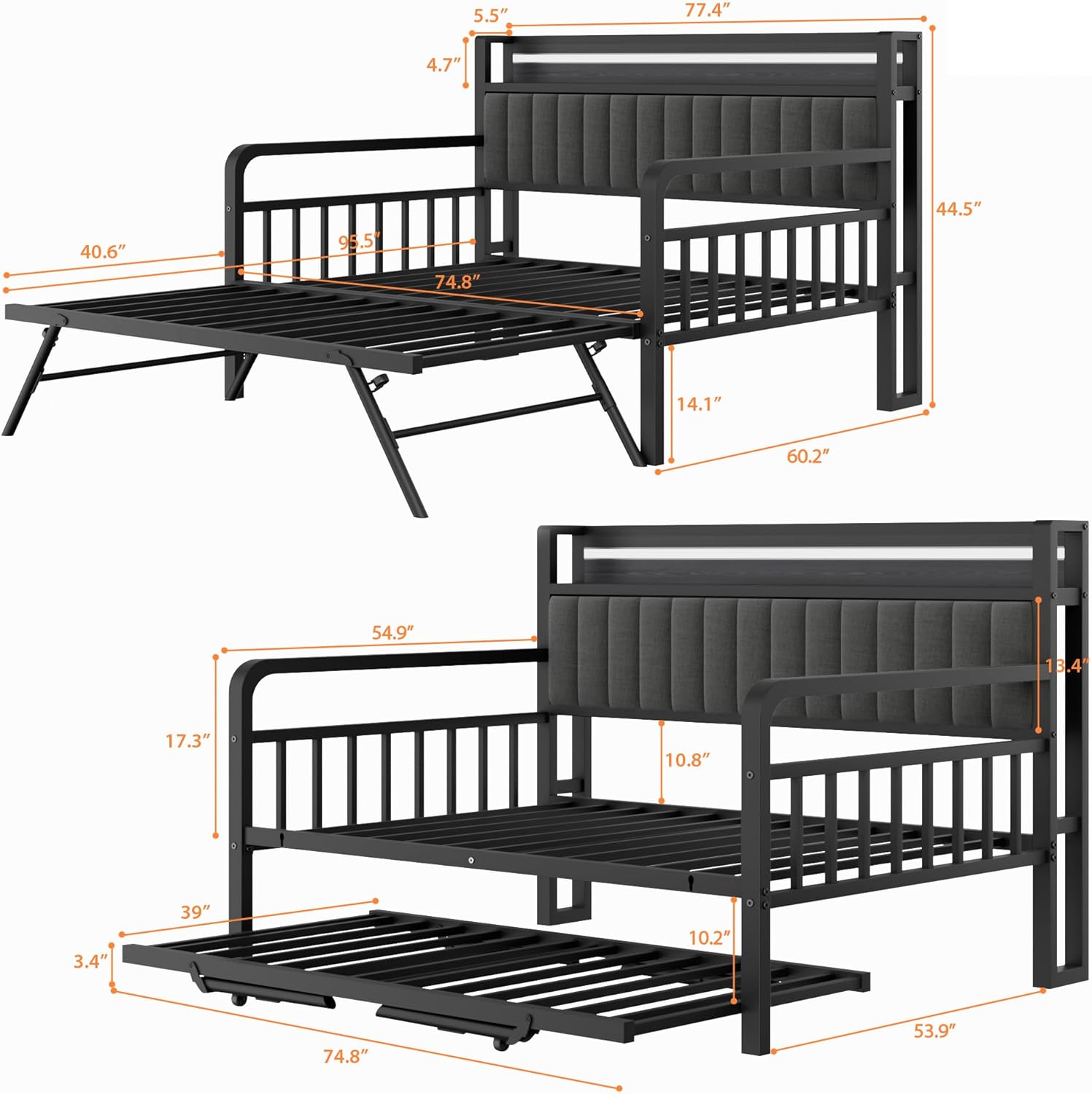 Daybed with Trundle and LED Light, Heavy Duty Metal Full Bed Frame with Upholstered Storage Headboard & Charging Station, Day Bed Pop Up Trundle Bed for Living Room,Bedroom and Guest Room, Black