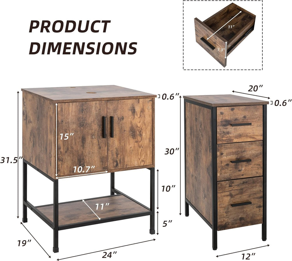 UEV 36' Rustic Brown Bathroom Vanity with Sink Combo,Industrial Iron Frame Bathroom Cabinet Sets with 3 Drawers Side Cabinet,Modern Brown Boat Tempered Glass Vessel Sink(029BR)