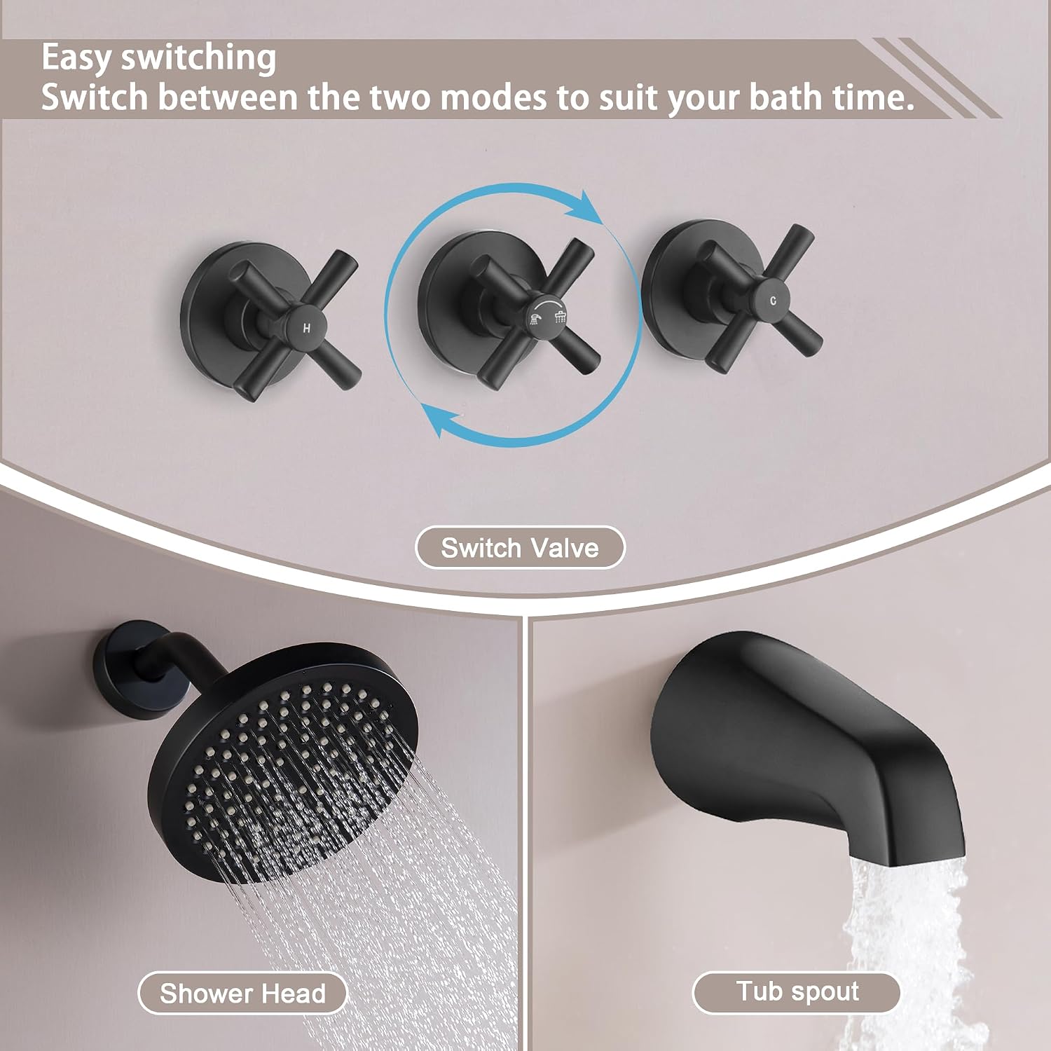 LIWEIKE 3 Handle Tub Shower Faucet, Matte Black Three Handles Shower Faucet Set with Tub and Shower Faucet Combo Rough-in Valve