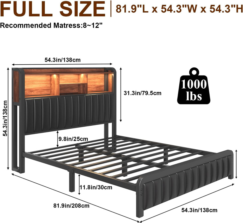 LOEWAY Full Size Bed Frame 54.3' Tall with 3-Tier Storage Headboard and PU Leather, Metal Platform Bed Frame with LED Lights and Charging Station, Noise-Free, No Box Spring Needed, Black