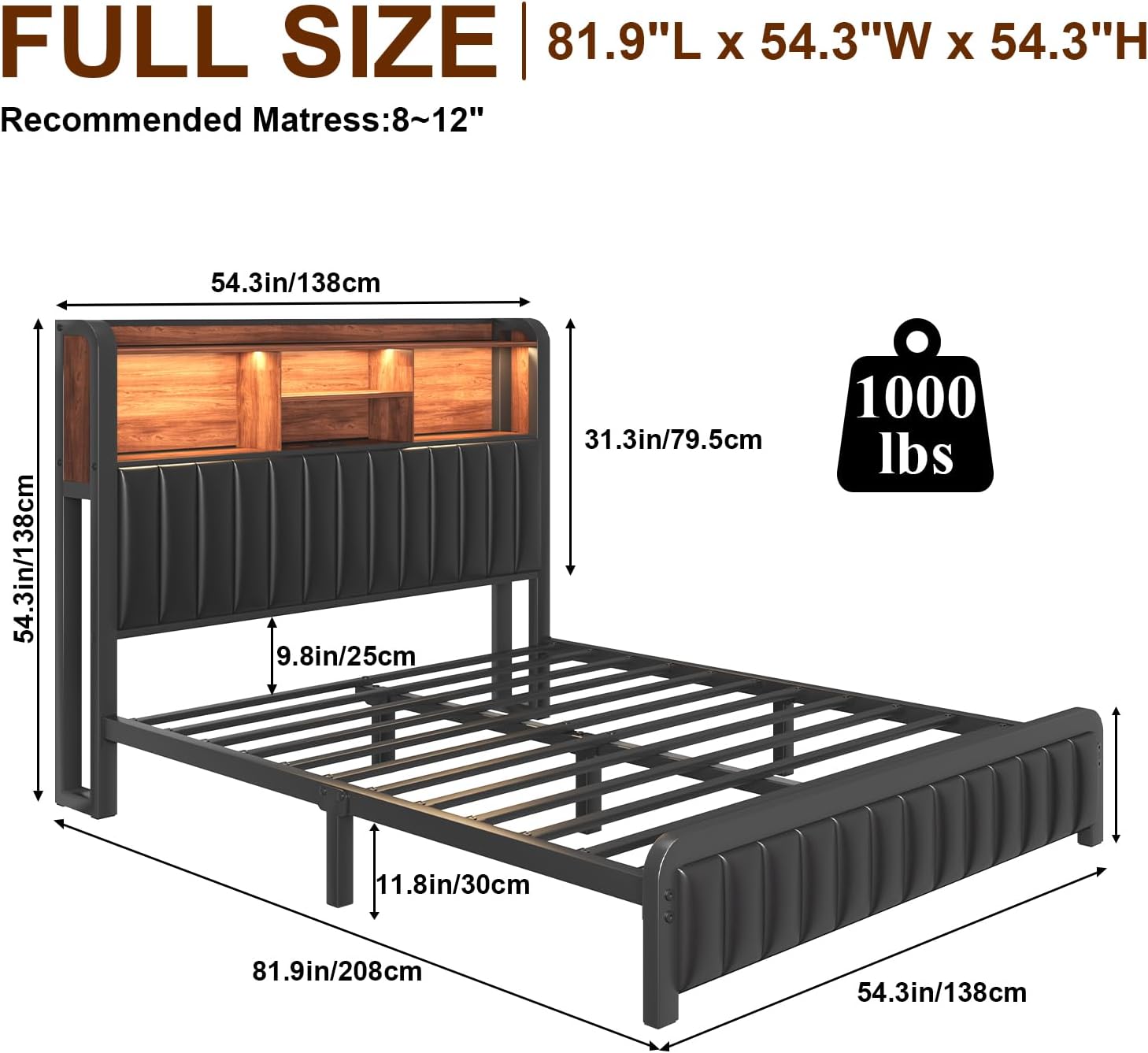 LOEWAY Full Size Bed Frame 54.3' Tall with 3-Tier Storage Headboard and PU Leather, Metal Platform Bed Frame with LED Lights and Charging Station, Noise-Free, No Box Spring Needed, Black