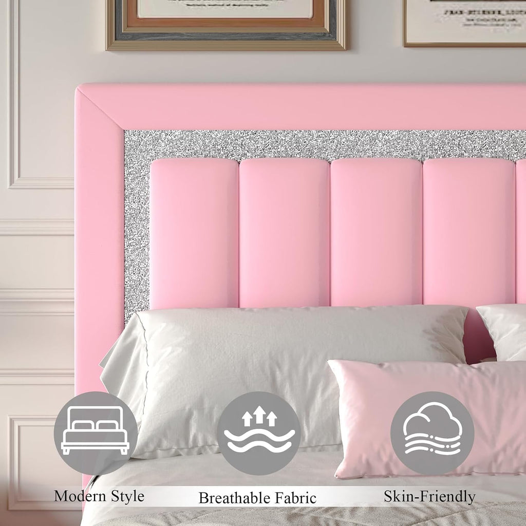 HOMBCK Full Size Bed Frame with Diamond Headboard, Full Bed Frame with Velvet Headboard and Footboard, Upholstered Platform Bed with Wooden Slats, No Box Spring Needed, Easy Assembly, Pink