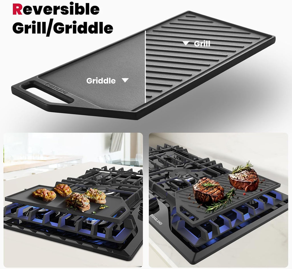 GASLAND Gas Cooktop 36 Inch with Griddle, 5 Burner Propane Stovetop with Reversible Cast Iron Grill/Griddle, Gas Countertop Plug-in, NG/LPG Convertible Cooktops, Black