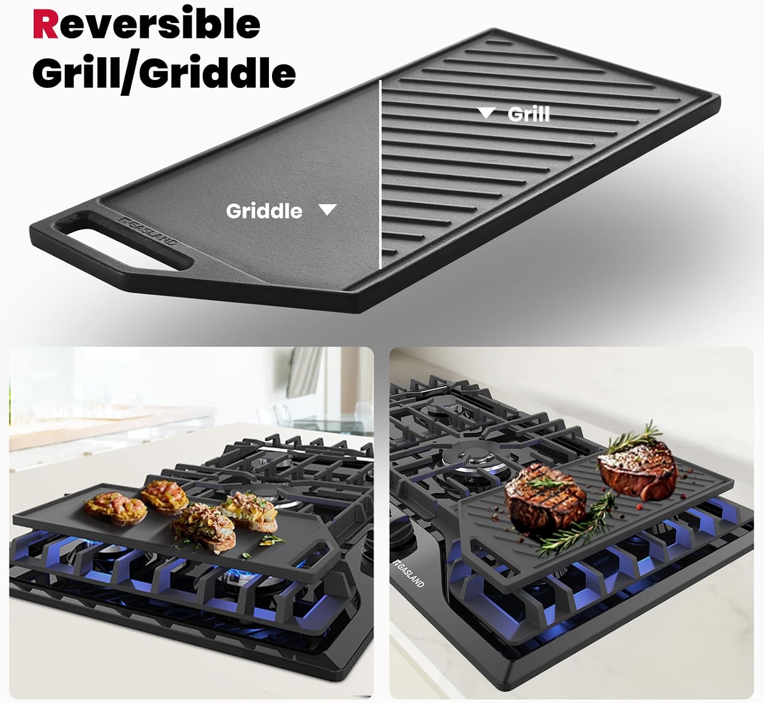 GASLAND Gas Cooktop 36 Inch with Griddle, 5 Burner Propane Stovetop with Reversible Cast Iron Grill/Griddle, Gas Countertop Plug-in, NG/LPG Convertible Cooktops, Black