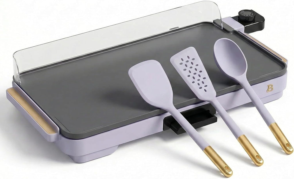 XL Electric Griddle 12' x 22' with Ceramic Nonstick Coating and Removable Heat Control with 3-Piece Silicone Spoon, Lavender Flat Top Electric Grill with Drip Tray and Backsplash