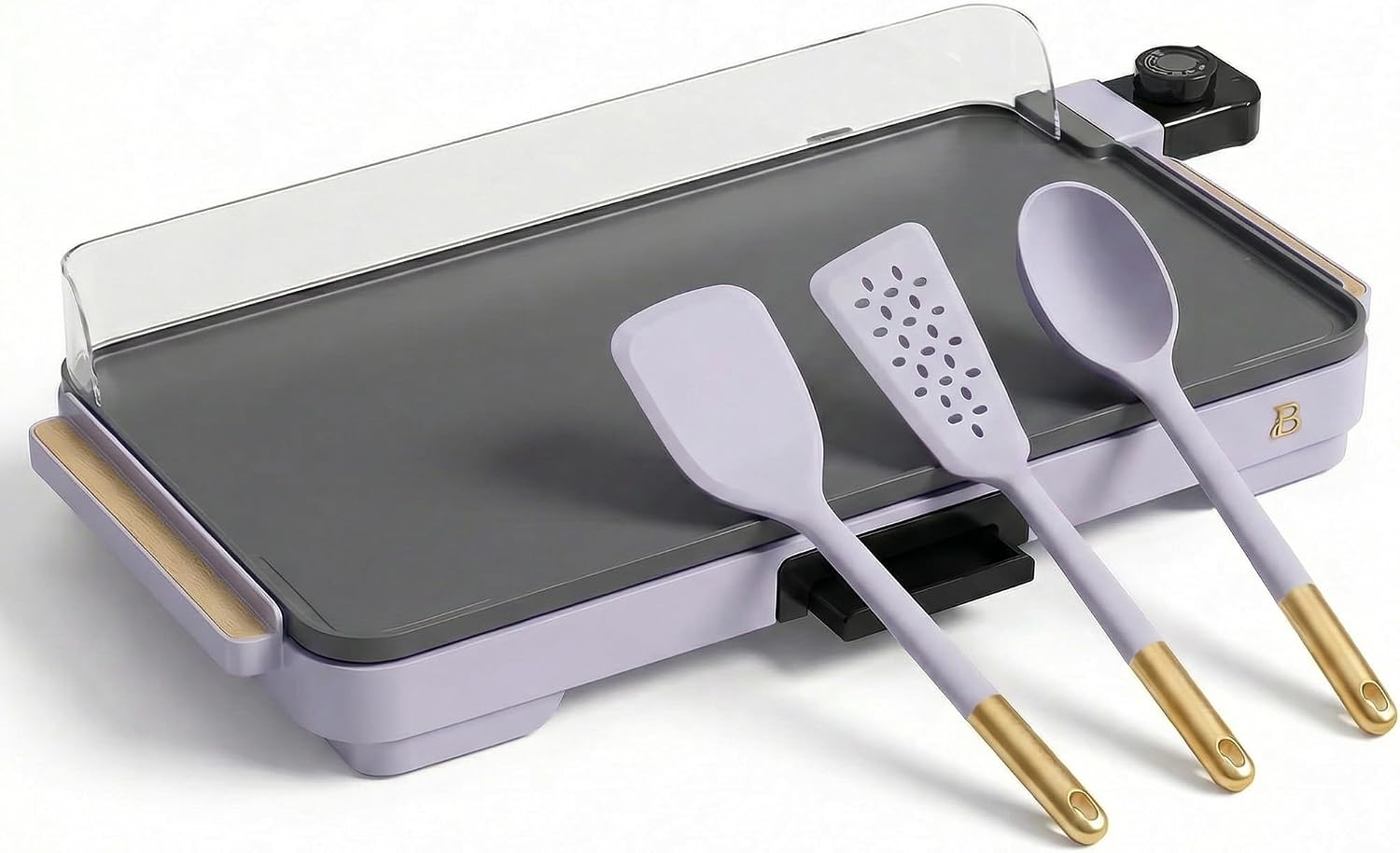 XL Electric Griddle 12' x 22' with Ceramic Nonstick Coating and Removable Heat Control with 3-Piece Silicone Spoon, Lavender Flat Top Electric Grill with Drip Tray and Backsplash