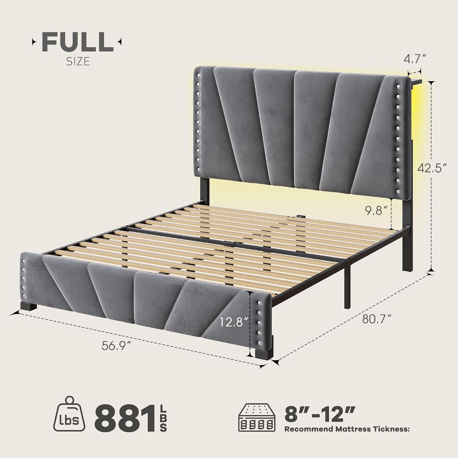 EnHomee Full Size Bed Frame with Velvet Upholstered Adjustable Headboard, LED Lights, and Charging Station for Bedroom, Apartment, and Dorm, No Box Spring Needed, Noise-Free, Easy Assembly, Gray