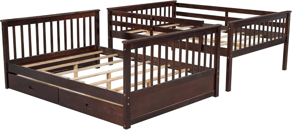 Harper & Bright Designs Full Over Full Bunk Bed with 2 Drawers, Solid Wood Platform Bed with Ladder, Full Length Guardrail and Headboard, No Spring Box Needed, Espresso