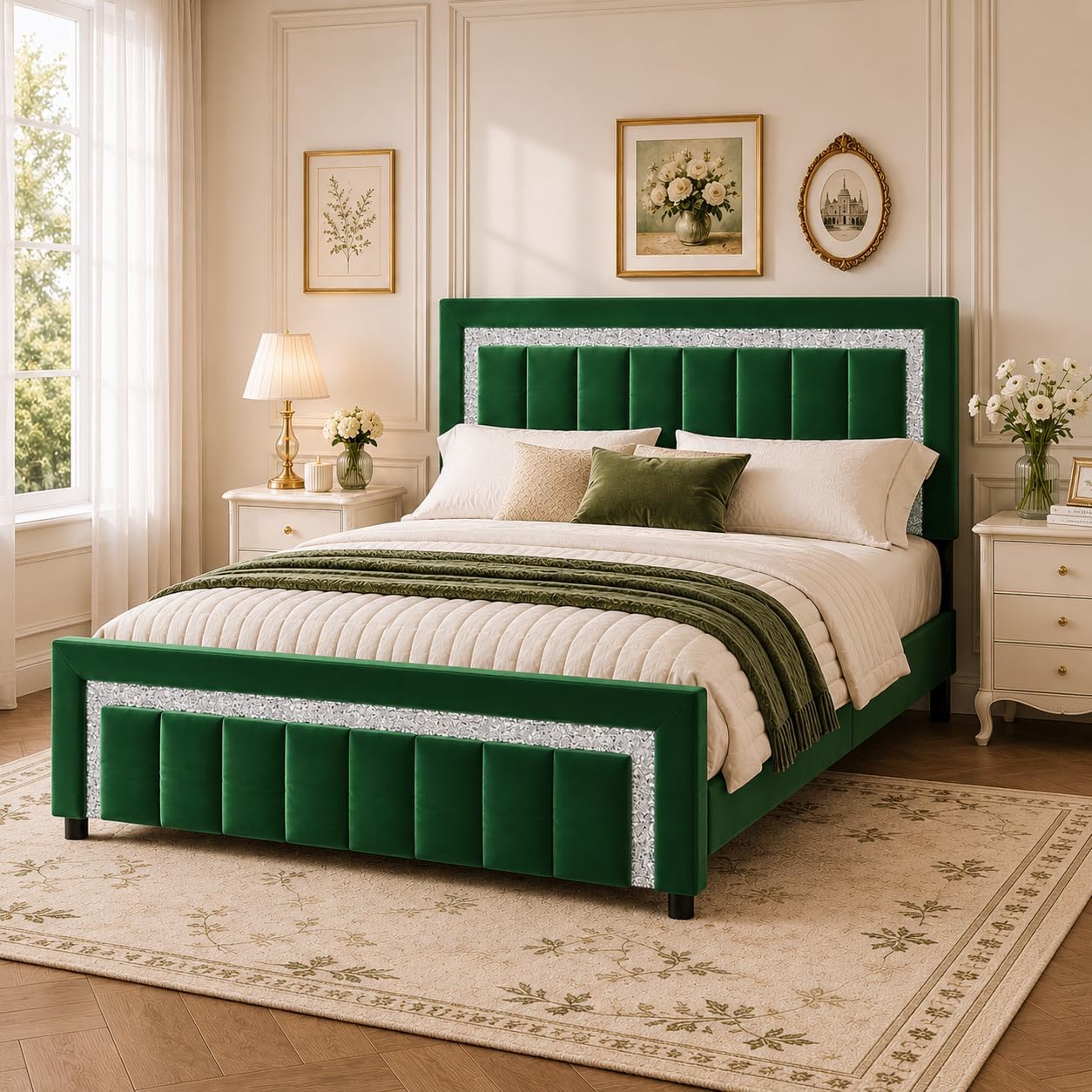 HOMBCK Full Bed Frame with Diamond Headboard and Footboard, Velvet Upholstered Bed with Wooden Slats Support, No Box Spring Needed, Easy Assembly, Green
