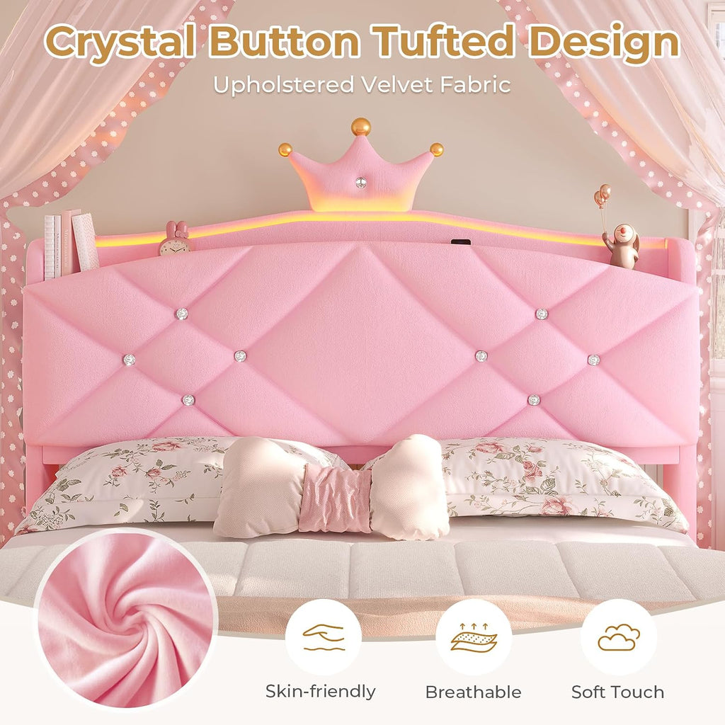 MSmask Full Bed Frame with LED Lights, Princess Upholstered Bed with Headboard with Charging Station & Crystal Button & Crown, Velvet Platform Bed for Girls, Solid Wood Slats, Curved Legs, Pink