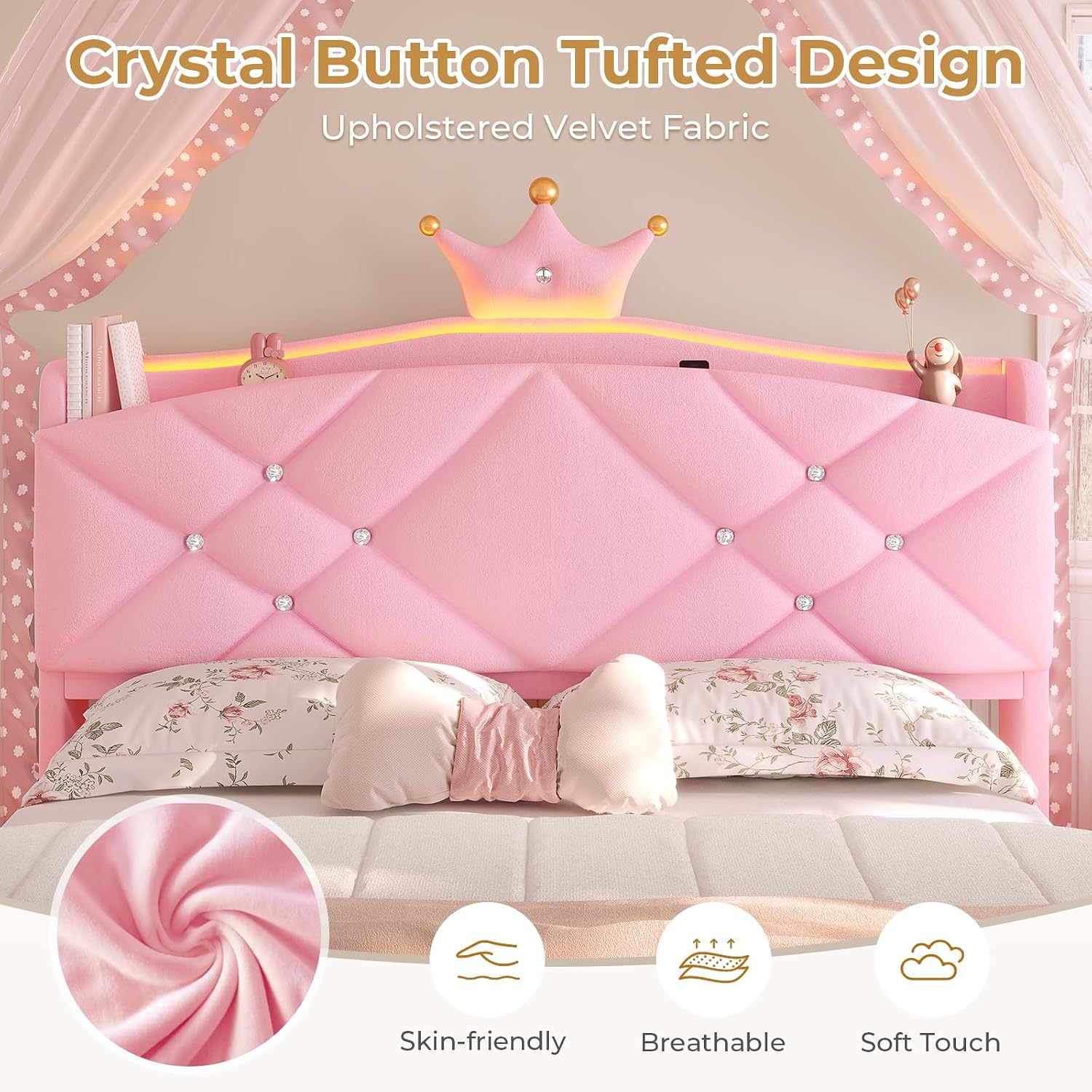 MSmask Full Bed Frame with LED Lights, Princess Upholstered Bed with Headboard with Charging Station & Crystal Button & Crown, Velvet Platform Bed for Girls, Solid Wood Slats, Curved Legs, Pink