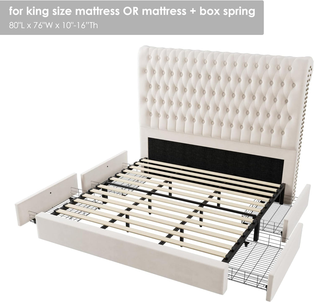 King Size Bed Frame 54' Tall Headboard with Gorgeous Button Tufted and Nail, Velvet Fabric Upholstered Bed Frame includes 4 Under-bed Storage Drawers, Wooden Slats, Noise-Free, Easy Assembly, Beige
