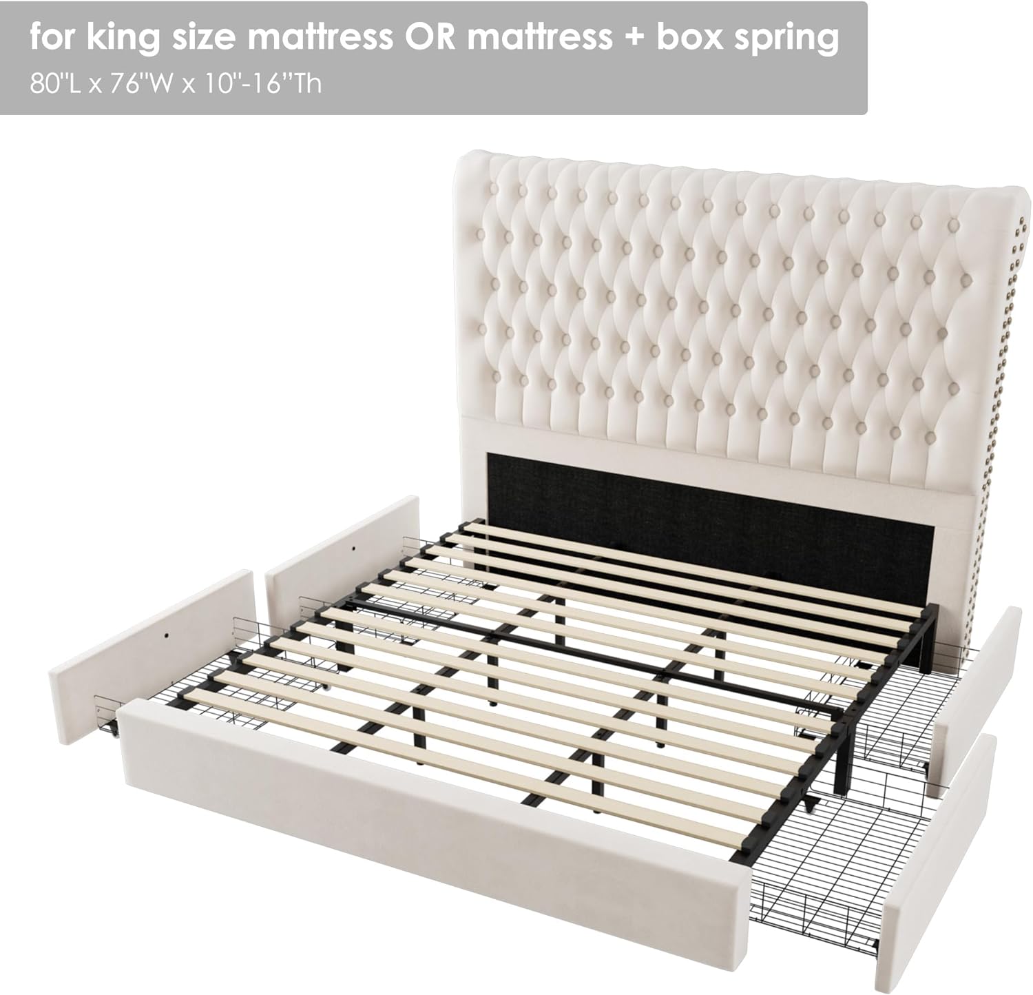 King Size Bed Frame 54' Tall Headboard with Gorgeous Button Tufted and Nail, Velvet Fabric Upholstered Bed Frame includes 4 Under-bed Storage Drawers, Wooden Slats, Noise-Free, Easy Assembly, Beige