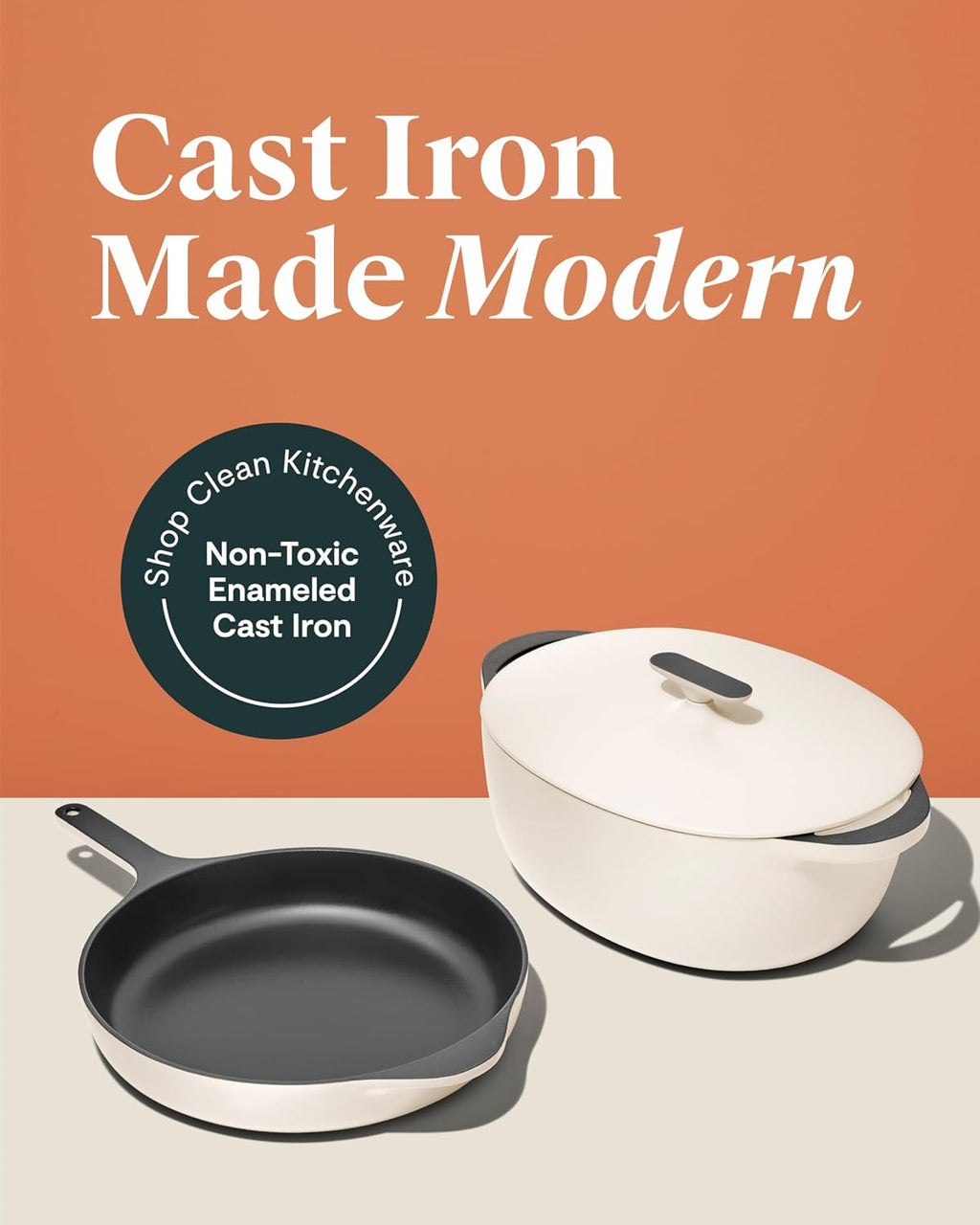 Caraway 4-Piece Enameled Cast Iron Duo - 12' Skillet, 8.5 qt Dutch Oven with Lid and Storage Organizer - Non-Toxic 3-Layer Enamel Coating - No Seasoning Required - Cream
