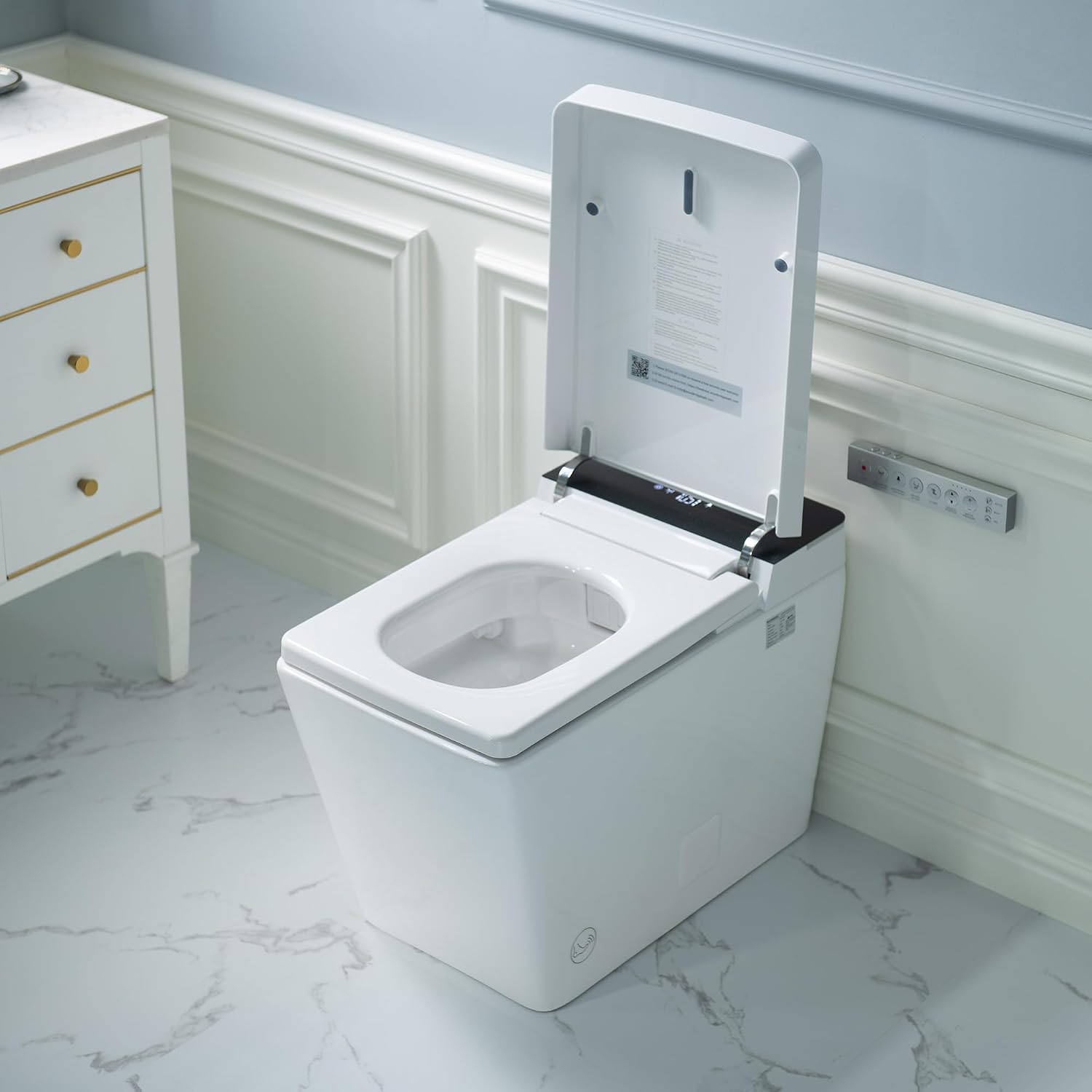 WOODBRIDGE One Piece Square Smart Toilet with with Tank,Auto Open & Close, Foot Sensor, Auto Flush, Multiple Spray Modes, Heated Seat, Warm Water and Air Dryer, Auto LED Nightlight, White