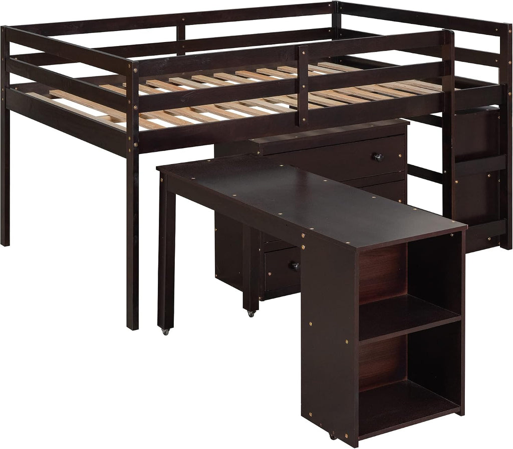 Low Loft Bed Loft Bed with Drawers and Storage Cabinet, Solid Wood Loft Bed with Desk and Shelves for Kids Teens Adults, No Box Spring Needed, Space Saving, Full Size, Espresso