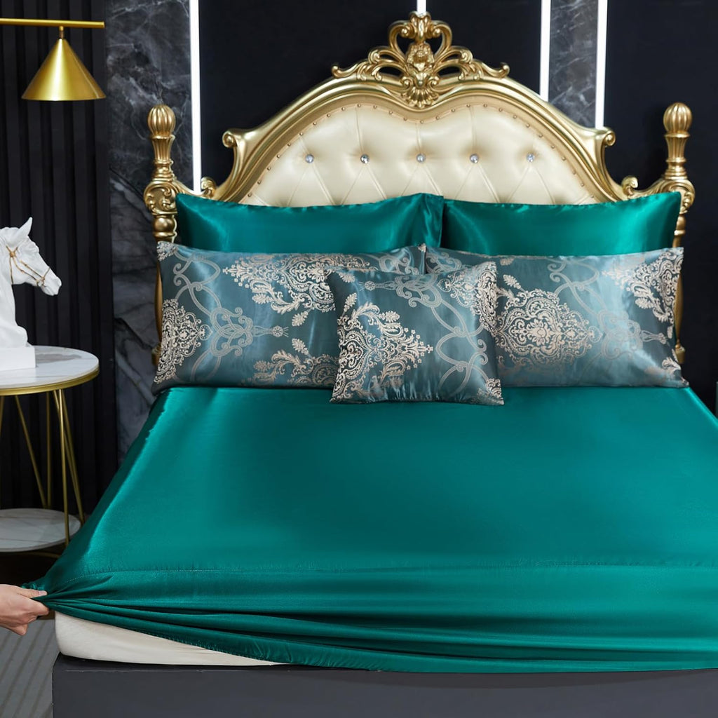 Green Jacquard King Comforter Set Sheet Set Elegant Bedding Set 8 Pcs Embroidery Neoclassical Floral Pattern Bed Home Decor Soft Down Comforter Luxury Hotel Silky Bed in a Bag with 1 Cushion Cover