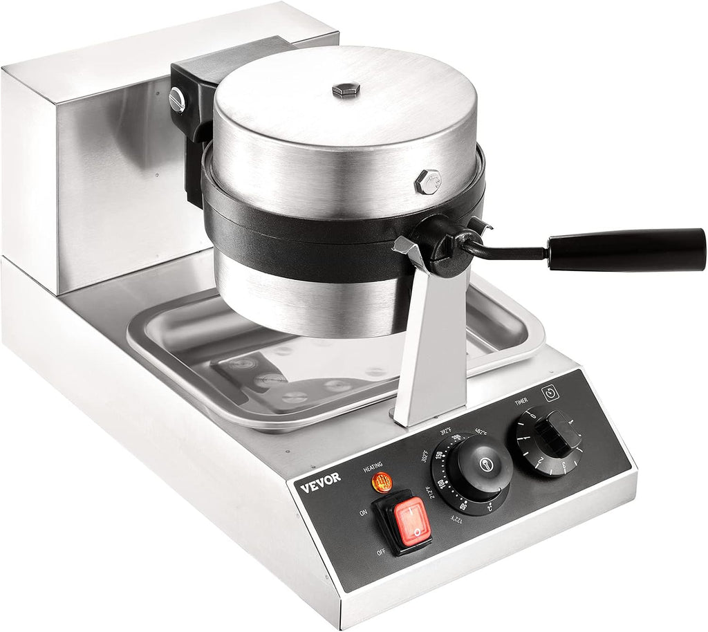 VEVOR Commercial Waffle Maker, 1300W Round Waffle Iron, Non-Stick Rotatable Waffle Baker Machine With 122-572℉ Temp Range and Time Control, Teflon-Coated Baking Pan Stainless Steel Body 110V