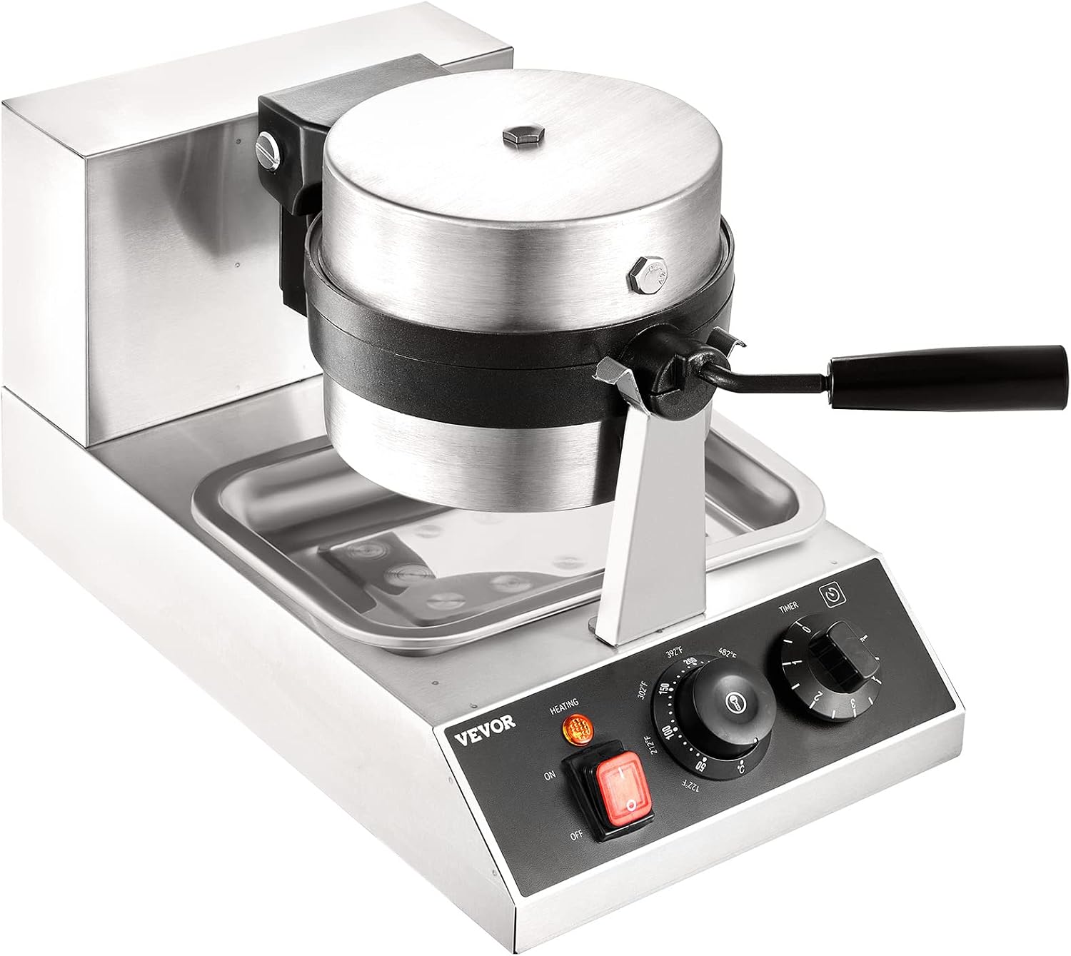 VEVOR Commercial Waffle Maker, 1300W Round Waffle Iron, Non-Stick Rotatable Waffle Baker Machine With 122-572℉ Temp Range and Time Control, Teflon-Coated Baking Pan Stainless Steel Body 110V