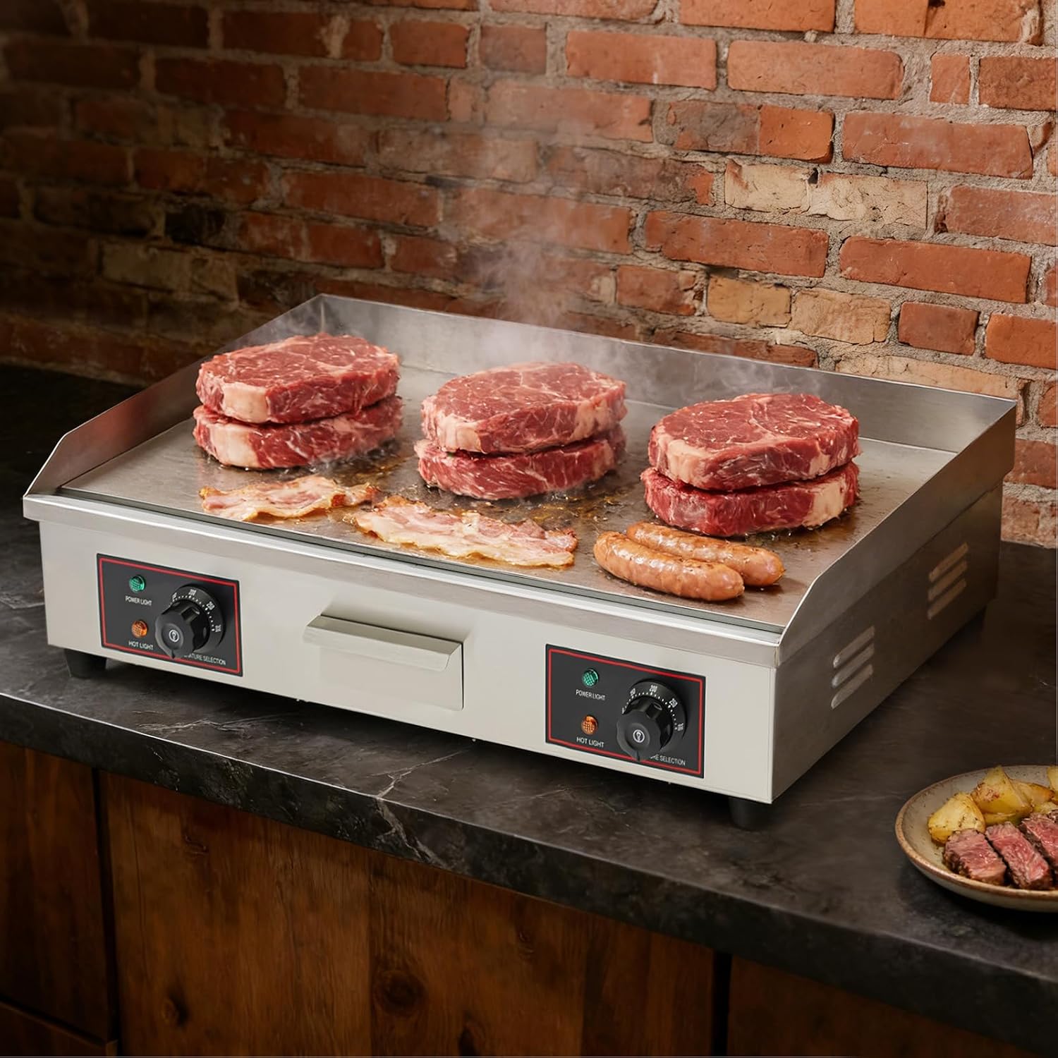 Commercial Electric Griddle, 3000W Stainless Steel Flat Top Griddle with Temperature Control 122-572℉, 28.7x15.8in Commercial Countertop Griddle for Pancake Steak Kitchen Restaurant