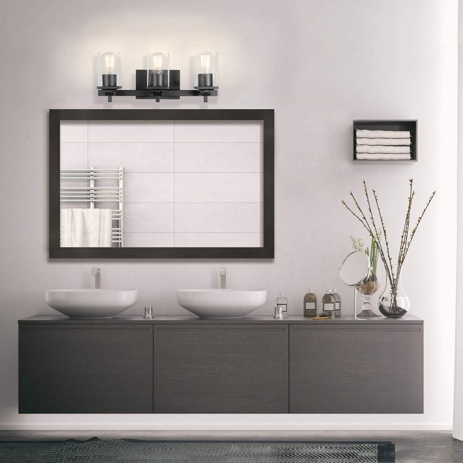 Globe Electric 51634 Dakota 5-Piece All-in-One Bathroom Set 3 Vanity Light with Seeded Glass Shades, Bar, Toilet Paper Holder, Towel Ring, Robe Hook, Matte Black