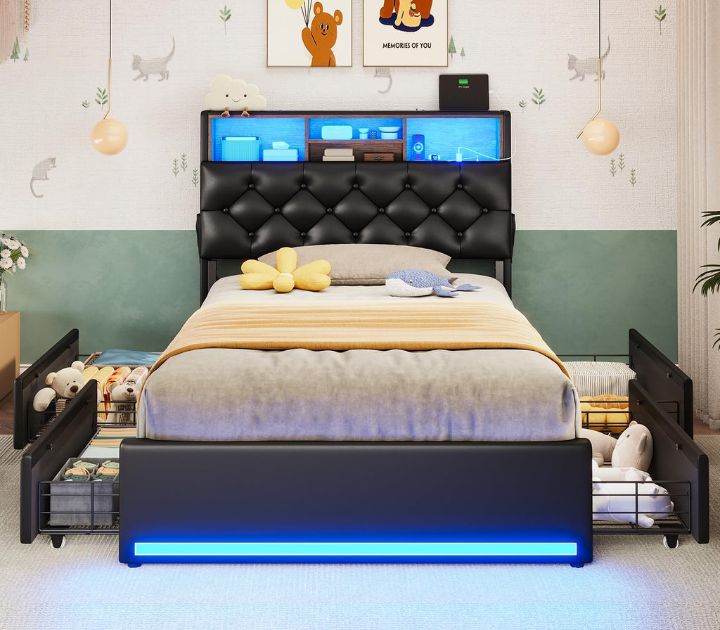 BTHFST Twin Bed Frames with Headboard & 4 Drawers, LED Bed Frame Twin with Charging Station, Upholstered and Metal Twin Bed with Storage, No Box Spring Needed, Black PU