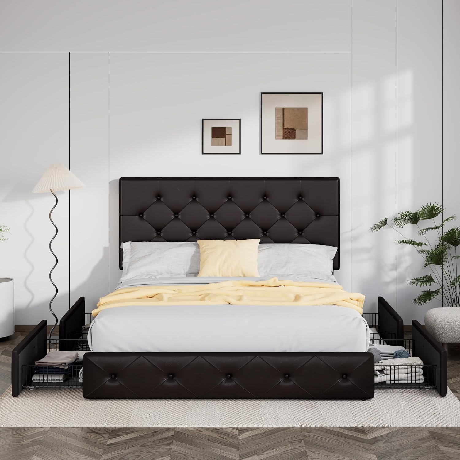 Allewie Upholstered Full Size Platform Bed Frame with 4 Storage Drawers and Headboard, Diamond Stitched Button Tufted, Mattress Foundation with Wooden Slats Support, No Box Spring Needed, Black Brown