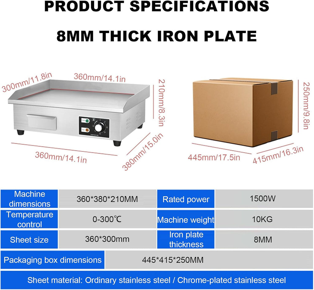Commercial Electric Griddle, 3000 W Nonstick Stainless Steel Electric Griddle, Stainless Steel Countertop Grill with Flat Surface, 8mm thick iron plate, For Camping, Commercial 36 * 38 * 21CM