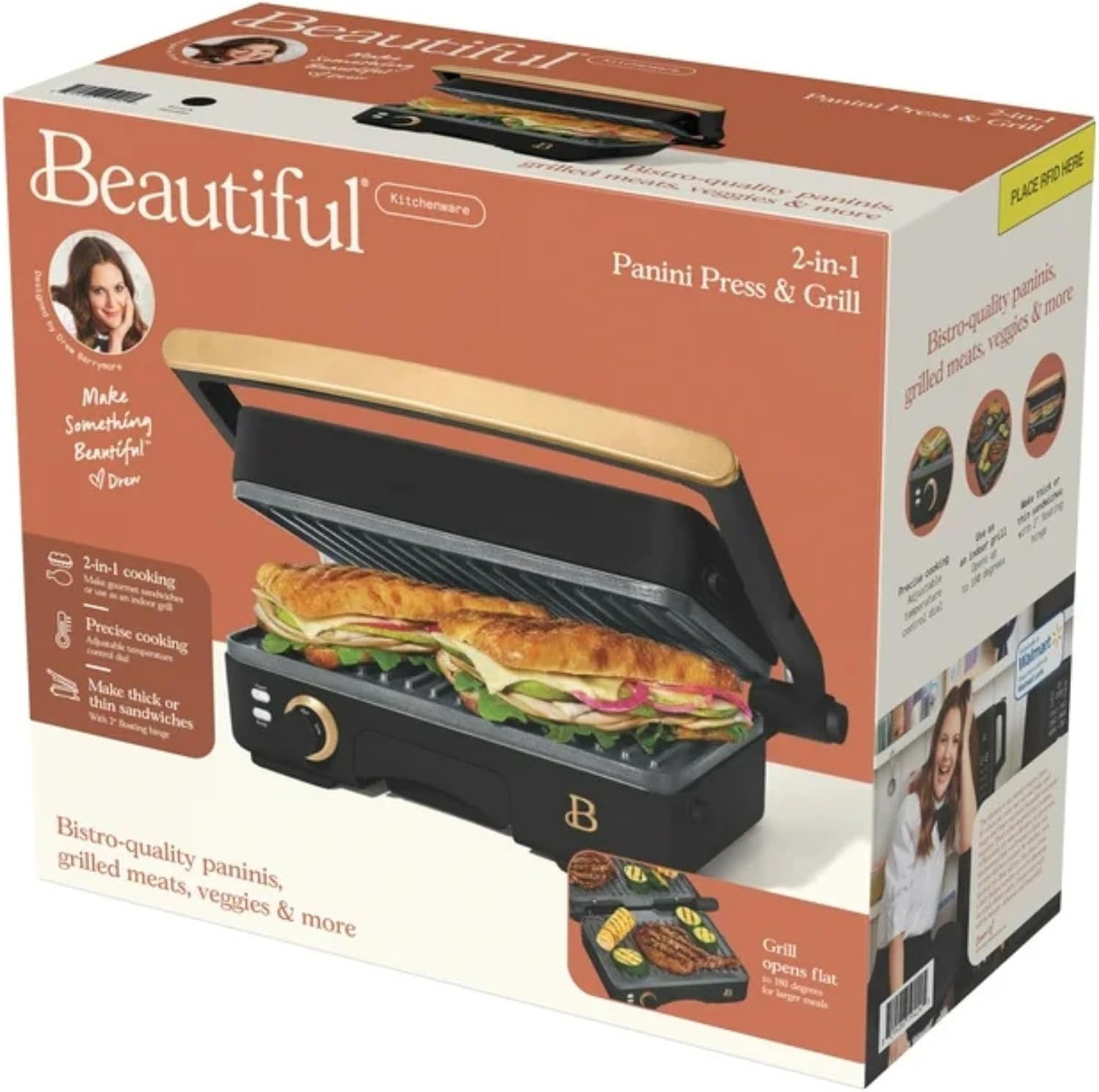 Panini Press Indoor Grill 2-in-1 Electric Contact Grill with Removable Nonstick Plates, 1200W Adjustable Temperature Sandwich Maker (Black Sesame)
