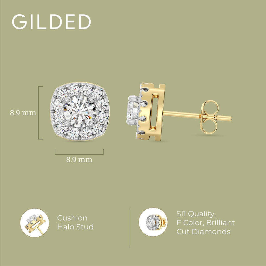 Gilded Lab-Grown Diamond Stud Earrings Sterling Silver and 14KT Yellow Gold Plated Silver| Cushion Halo Shaped Studs | Hypoallergenic Fine Jewelry | Prong Setting, Push Back Nut | SI1 Clarity, F Color 1/4, 1/2, ,1 ct tw