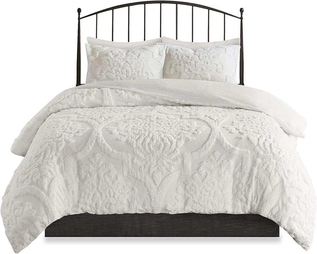 Madison Park Tufted Chenille Cotton Comforter, All Season Bedding Set, Matching Shams, Viola, Damask Off White King/Cal King(104'x92') 3 Piece