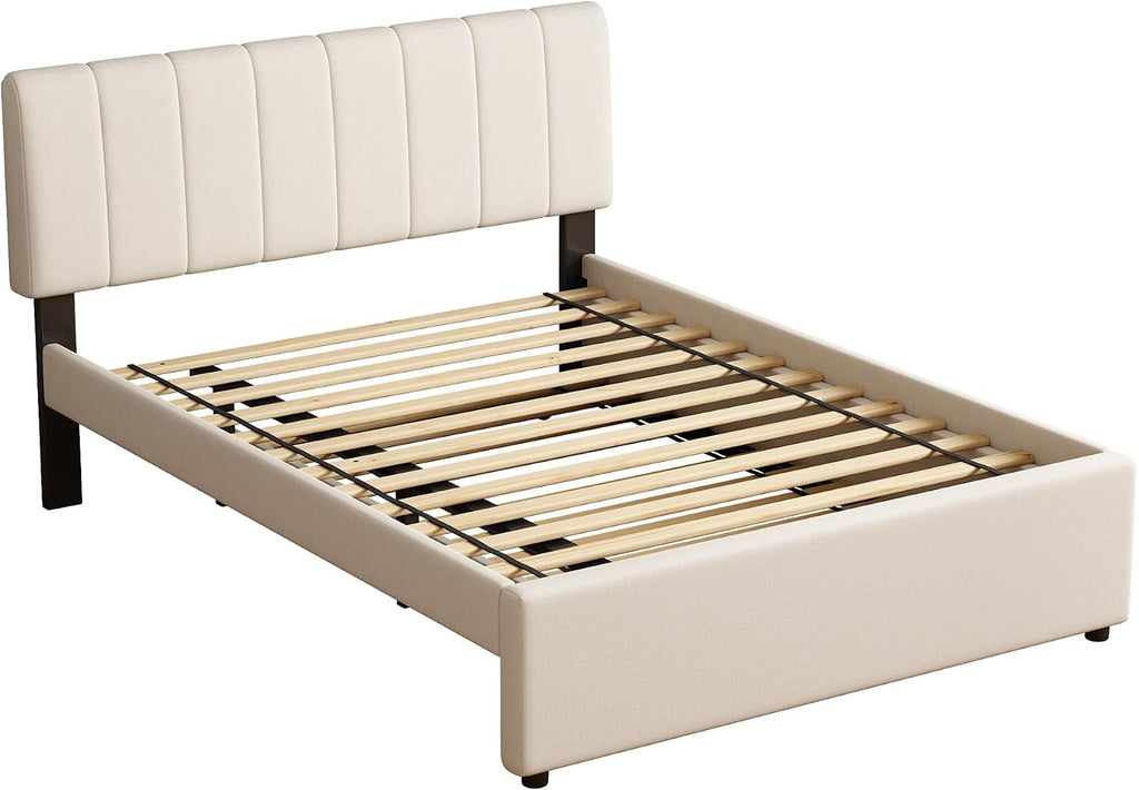 Full Size Upholstered Platform Bed with Trundle and 1 Sets of USB, Chenille Fabric Solid Wood Bedframe w/Wood Slats & LED Lights with APP for Bedroom,Beige